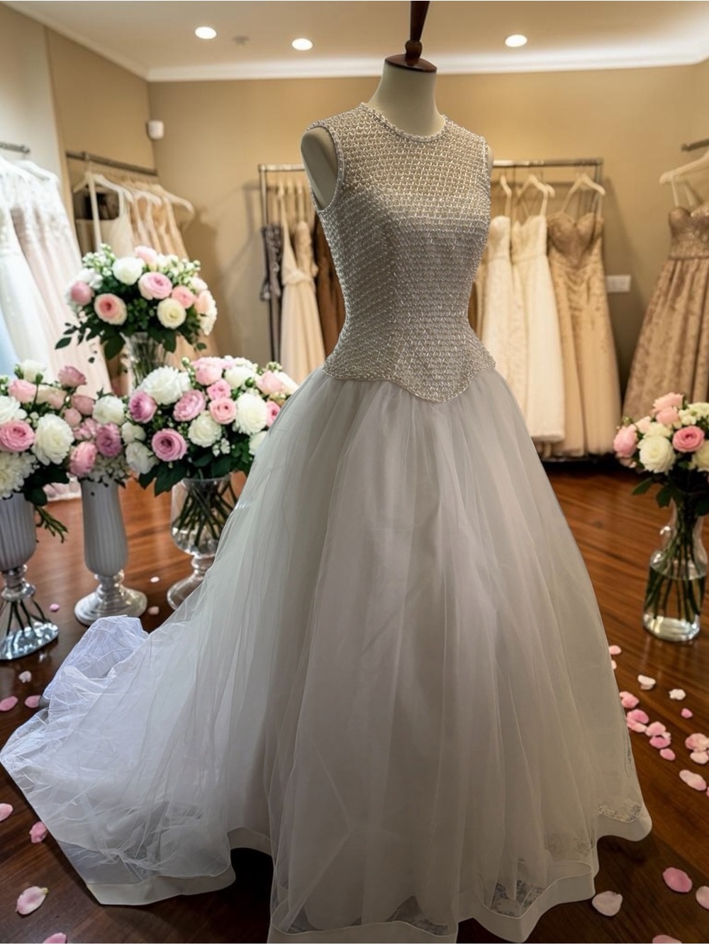 L'Amour Ivory Beaded Bodice Tulle Ball Gown - Picture 6 of 16